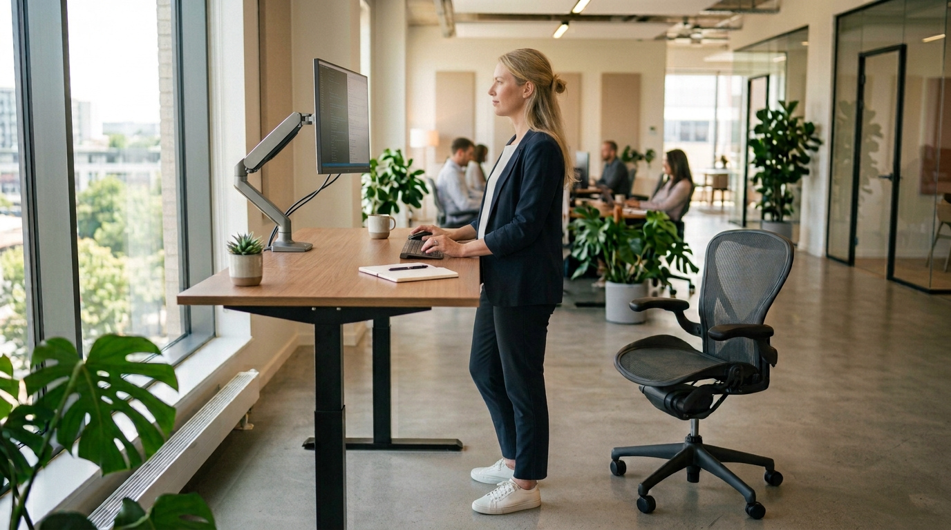 Výškově nastavitelný stůl s ergonomickými pomůckami